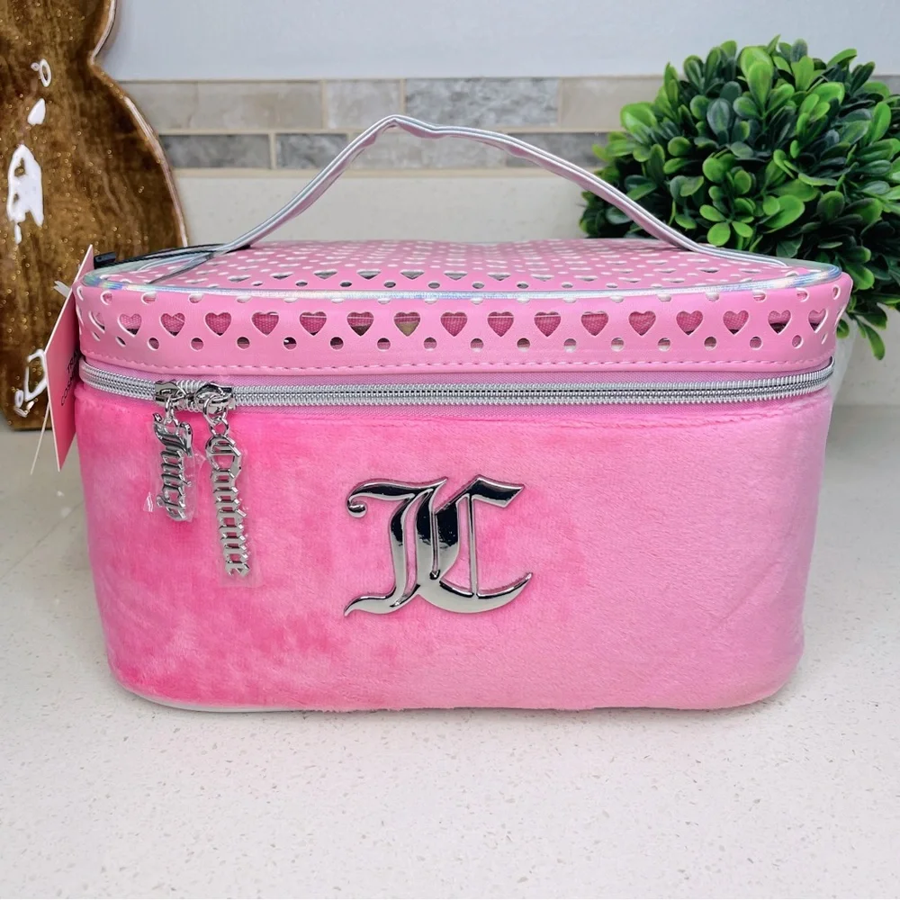 NEW Juicy Couture Pink Velour Cosmetic Bag Heart Laser Cut‎ Train Case